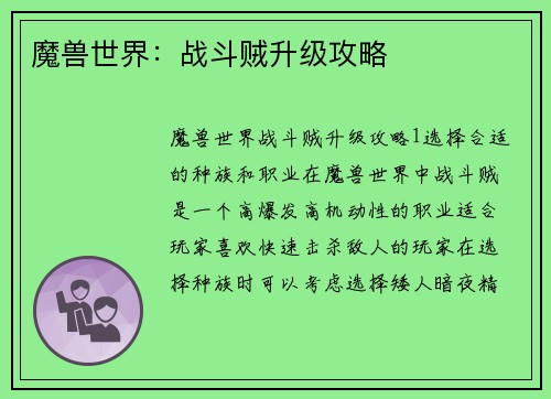 魔兽世界：战斗贼升级攻略